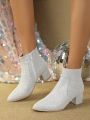 Women's White Glamour Pu Leather Short Boots With Pointed Toe, Chunky Heel, Side Zipper, Belt Buckle, Simple & Fashionable & Versatile Winter Booties