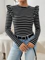 SHEIN Essnce Striped Ruffle Hem Long Sleeve T-shirt