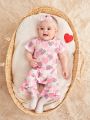 SHEIN Baby Girls' Casual Cute Heart & Leopard Print Jumpsuit For Daily Wear And Home