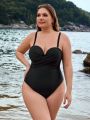 SHEIN Swim Basics Women'S Plus Size Solid Color Cross Back One Piece Cami Swimsuit