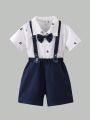 SHEIN Kids FANZEY Little Boys' Sailboat Printed Short Sleeve Shirt And Suspender Shorts Gentleman Outfit