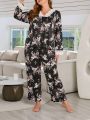 Women's Plus Size Floral Print & Lace Trimmed Pajama Set