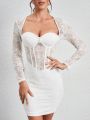 SHEIN Tall Lace Spliced Long Sleeve Sweetheart Neck Bodycon Dress With Package Hip Design