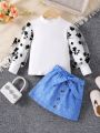 SHEIN Kids Y2Kool Toddler Girls' Autumn Long Sleeve Top & Short Skirt Set With Bow Belt