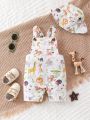 SHEIN 2pcs/Set Baby Boys' Casual Animal Printed Short Jumpsuit With Hat, Suitable For Outdoor Activities