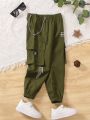 SHEIN Kids HYPEME Young Boy Slogan Graphic Flap Pocket Cargo Pants With Chain