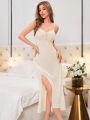 Women's Embroidered Thin Shoulder Straps High Split Nightgown