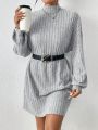 SHEIN Frenchy Women's Solid Color Half High Collar Lantern Sleeve Oversized Shift Dress (belt Not Included)