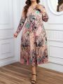 Plus Size Full Blooming Flower Print Long Sleeve Dress