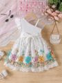 Baby Girl'S Summer New Arrival Irregular Shoulder Design Embroidered Mesh Hem Dress