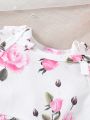 SHEIN Newborn Baby Girls' Simple Printed Rose Sleeveless Romper For Daily Wear In Summer