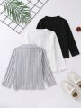 SHEIN Kids EVRYDAY Little Girls' Simple & Comfortable Basic Half High Neck Three-Piece Set Long Sleeve T-Shirt