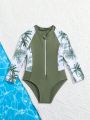 Young Girl Tropical Printed Rash Guard Swimsuit