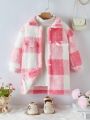 Young Girl Buffalo Plaid Pattern Flap Detail Teddy Coat Without Sweater