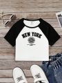 Young Girl's Casual And Simple Contrast Color Letter Printed Raglan Sleeve T-Shirt, Summer