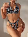 Women'S Chain Decorated Letter Patterned & Hollow Out Design Sexy Lingerie Set