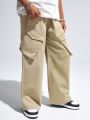 SHEIN Tween Boys' Loose Casual Woven Solid Color Wide-Leg Cargo Trousers