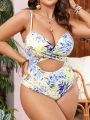 SHEIN Swim Vcay Plus Size Hollow Out Botanical Print One-Piece Swimsuit