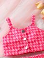 Houndstooth Soft Vest And Skirt Set For Baby Girls, Elegant And Cute Fashion Style