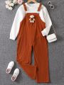 SHEIN Kids EVRYDAY Tween Girl Solid Pullover & Bear Doll Detail Overall Jumpsuit