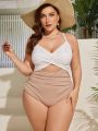 SHEIN Swim Classy Plus Size Women's Cross Front Polka Dot Printed Ruched One Piece Swimsuit