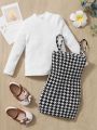 SHEIN Baby Girl Ribbed Knit Tee & Houndstooth Print Cami Dress