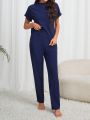 Women's Short Sleeve Stand Collar Top And Long Pants Homewear Set