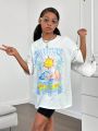 SHEIN Kids Cooltwn Tween Girls' Fashionable Sports Knit Letter Printed Round Neck Short Sleeve T-Shirt