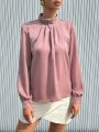 SHEIN Privé Solid Color Stand Collar Pleated Long Sleeve Shirt