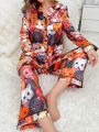 Colorful Cat Print Turn-Down Collar Imitation Silk Pajama Set