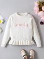 Girls' Love Embroidery Sweater With Ruffle Hem