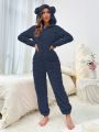 Women's Fluffy Hooded Jumpsuit With 3d Ear Design For Home Wear