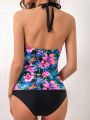 SHEIN DD+ Tropical Print Push Up Cami Vest And Triangle Briefs Bikini Set