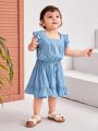 SHEIN Baby Girls' Casual Denim Look Square Collar Top And Elastic Waist Half Skirt Set