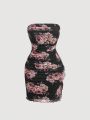 SHEIN MOD Women's Floral Print Pleated Slim Fit Strapless Dress