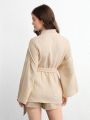 SHEIN Leisure Comfy & Breathable Lightweight Crinkle Cotton Gauze Kimono Style Lounge Top - Khaki