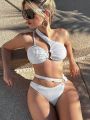 One Shoulder Round Ring Decor Bikini Swimsuit Set