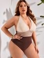 SHEIN Swim Vcay Plus Size Deep V-Neck Halter One Piece Swimsuit With Backless Design