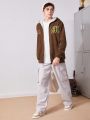 SHEIN Teen Boy Letter Embroidery Zip Up Thermal Lined Hooded Coat