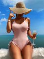 SHEIN Swim Vcay Solid Color Side Crisscross Lace-Up One-Piece Swimsuit