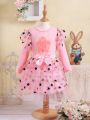 SHEIN Kids QTFun 2pcs/set Girls' Lovely Star Printed Mesh Long Sleeve T-shirt And Skirt Summer Outfits