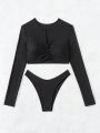 SHEIN Swim Chicsea Ladies' Solid Color Cut Out V-Neck Long Sleeve Swimsuit Top And High Cut Bikini Bottoms Separates