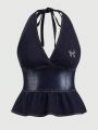 ROMWE PUNK Women's Rhinestone Butterfly Decoration Denim Halter Top