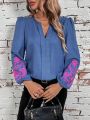 SHEIN LUNE Flower Embroidery Notch Neck Blouse