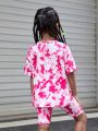 SHEIN Kids EVRYDAY Young Girl 2pcs/Set Casual Tie-Dye Heart Pattern T-Shirt And Shorts