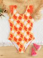 Girls Floral Print Ruffle Trim One Piece Swimsuit