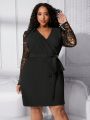 SHEIN CURVE+ Plus Size Wrap Neck Belted Lace Sleeve Midi Dress