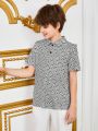 SHEIN Kids Nujoom Tween Boys' Casual Loose Fit Full Printed Knit Short-Sleeve Polo Shirt