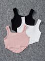 SHEIN Kids EVRYDAY 3pcs/Set Knitted Solid Color Square Neck Sleeveless Top For Tween Girls