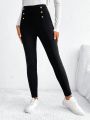 SHEIN Frenchy High Waist Fleece Legging With Botton Decor